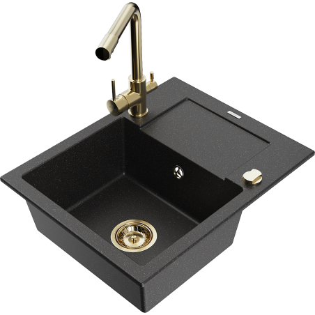 Mexen Enzo granitinis vienos sekcijos plautuvė su nuvarvėjimo paviršiumi ir virtuvės maišytuvu Duero, juodas/sidabrinis