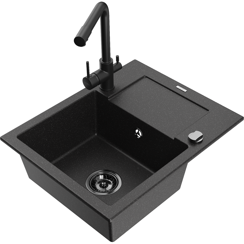 Mexen Enzo granitinė vienos sekcijos kriauklė su nutekėjimu ir virtuviniu maišytuvu Duero, juodos/sidabrinės spalvos