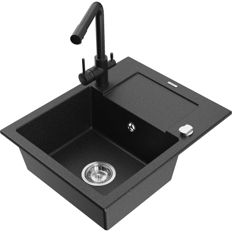 Mexen Enzo granito plautuvė su viena kamera, lašintuvu ir virtuvės maišytuvu Duero, juodos/sidabrinės metalik spalvos