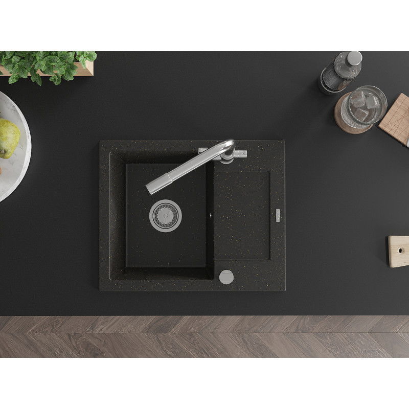 Mexen Enzo granitinė 1-dubens plautuvė su nusausintuvu ir virtuviniu maišytuvu Duero, juoda/auksinė metalik - 6506-75-671600-00