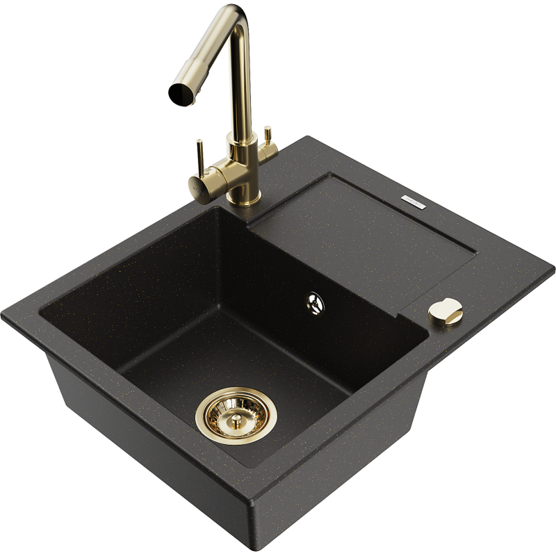 Mexen Enzo granitinė virtuvinė kriauklė su nutekėjimo zona ir Duero maišytuvu, juoda/aukso metalo spalva