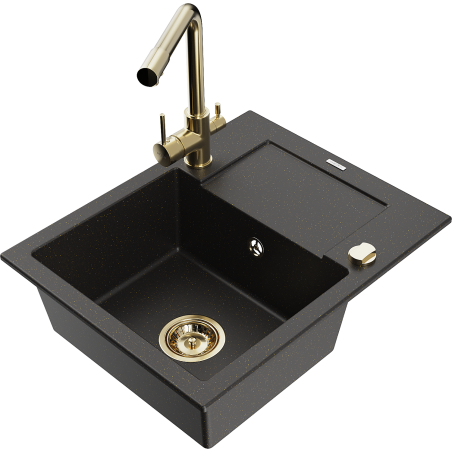 Mexen Enzo granitinė virtuvinė kriauklė su nutekėjimo zona ir Duero maišytuvu, juoda/aukso metalo spalva