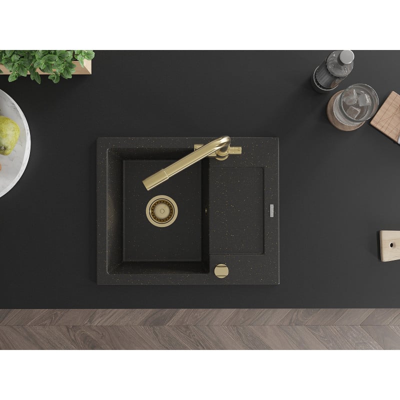 Mexen Enzo granitinė virtuvinė kriauklė su nutekėjimo zona ir Duero maišytuvu, juoda/aukso metalo spalva