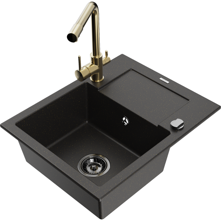 Mexen Enzo vienos sekcijos granitinis virtuvės kriauklė su nusausintuvu ir virtuviniu maišytuvu Duero, juoda/auksinė