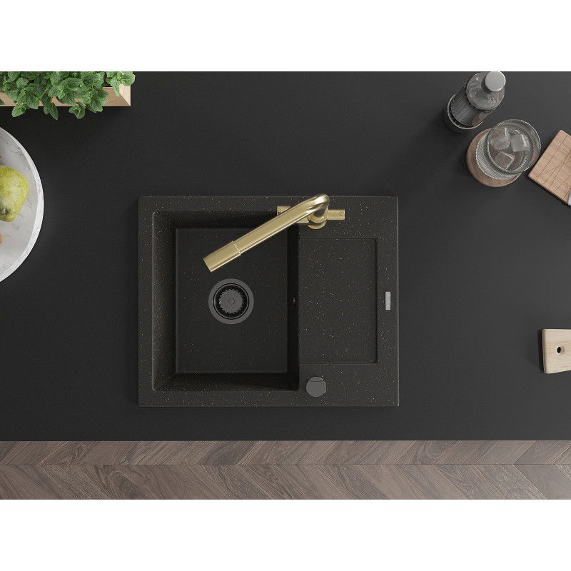 Mexen Enzo vienos sekcijos granitinis virtuvės kriauklė su nusausintuvu ir virtuviniu maišytuvu Duero, juoda/auksinė