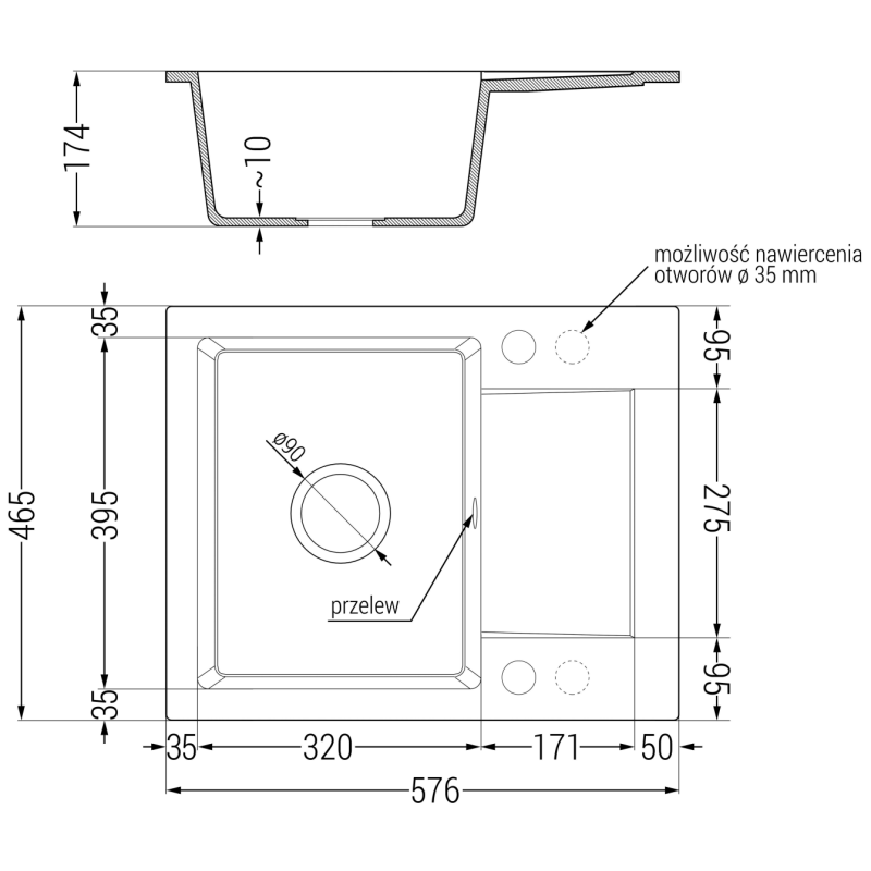 Mexen Enzo vienos sekcijos granitinis virtuvės kriauklė su nusausintuvu ir virtuviniu maišytuvu Duero, juoda/auksinė