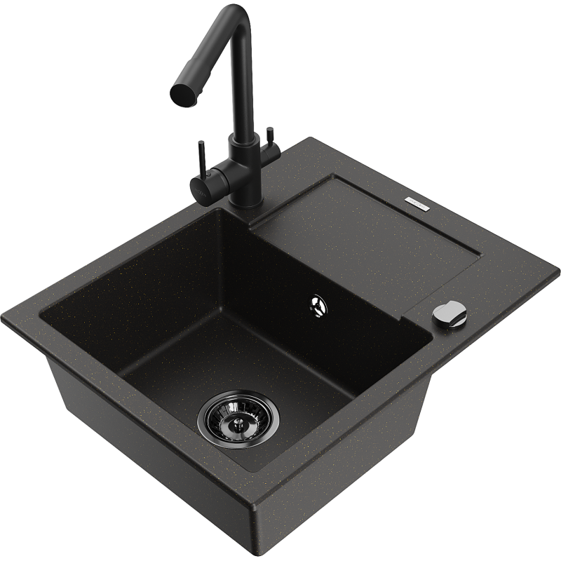 Mexen Enzo 1 skyriuje granito plautuvė su nusausintoju ir virtuviniu maišytuvu Duero, juodas/auksinis metalikas