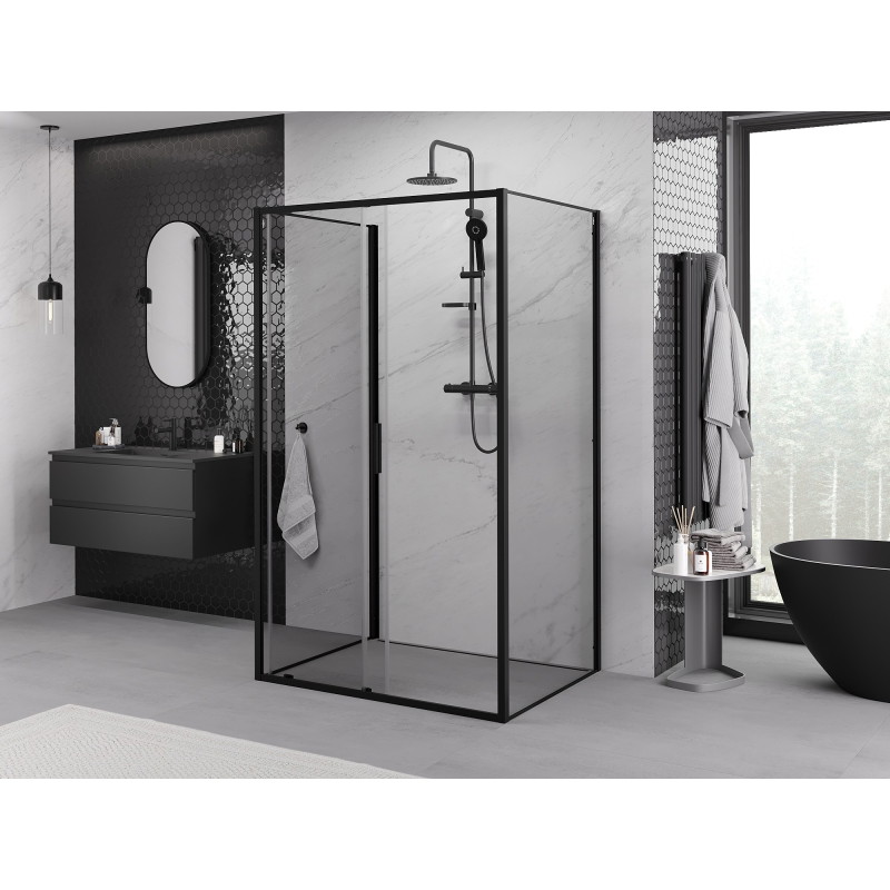 Mexen Exo-S 3S trijų dalių stumdomas dušo kabina 140 x 70 cm, skaidri, juoda - 8151-140-070-70-00-3S