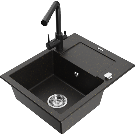 Mexen Enzo granitinė vieno dubens plautuvė su nusausinimo vieta ir virtuviniu maišytuvu Duero, juoda/auksinė metalik