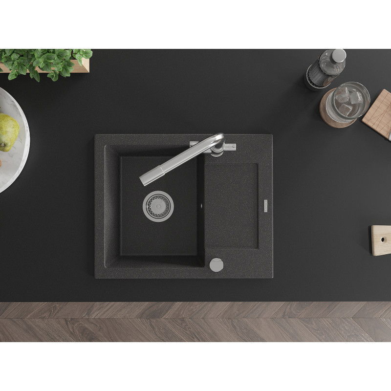 Mexen Enzo granitinė vienos kameros plautuvė su nusausintuvu ir virtuviniu maišytuvu Duero, juoda su taškeliais