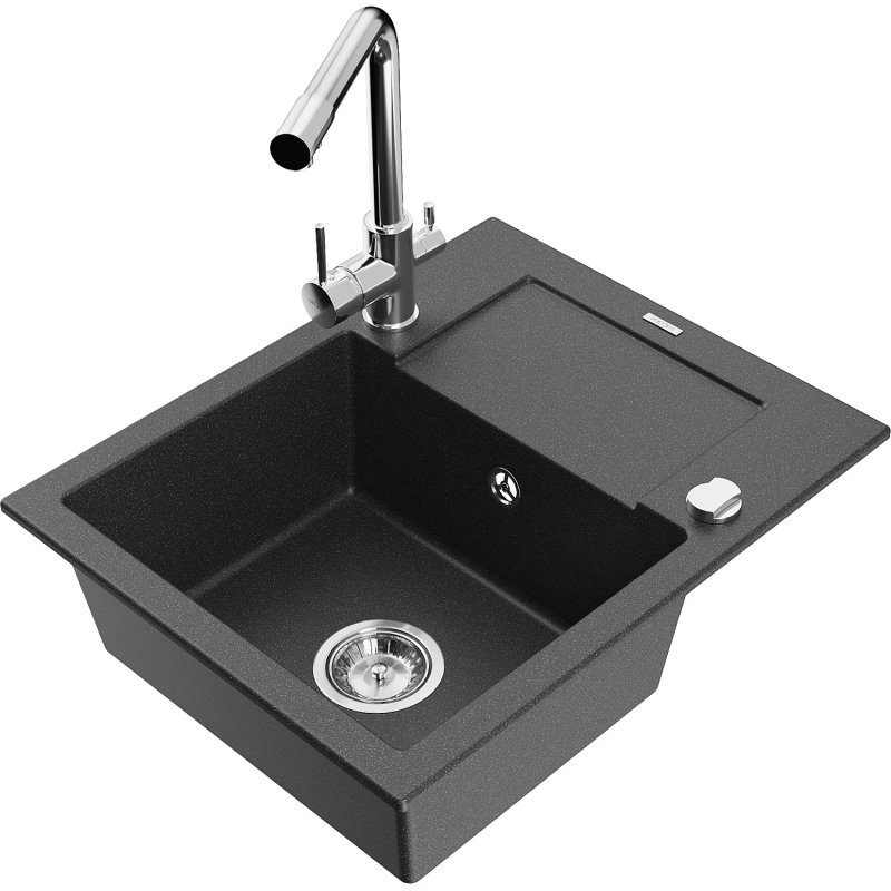 Mexen Enzo granitinė vienos kameros plautuvė su nusausintuvu ir virtuviniu maišytuvu Duero, juoda su taškeliais