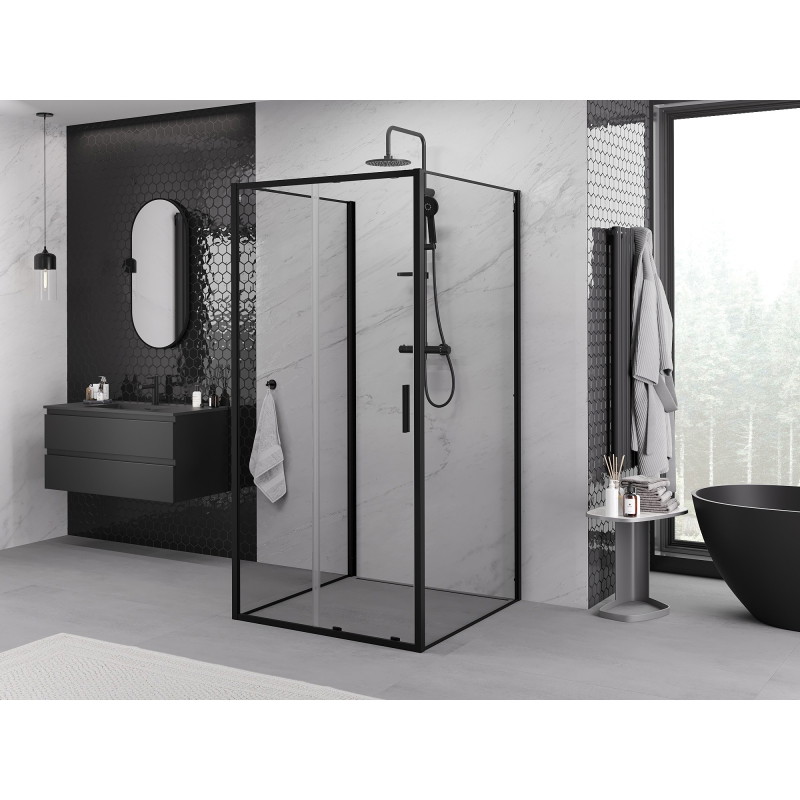 Mexen Exo-S 3S trijų sienų stumdomas dušo kabina 90 x 90 cm, permatomas, juodas - 8151-090-090-70-00-3S