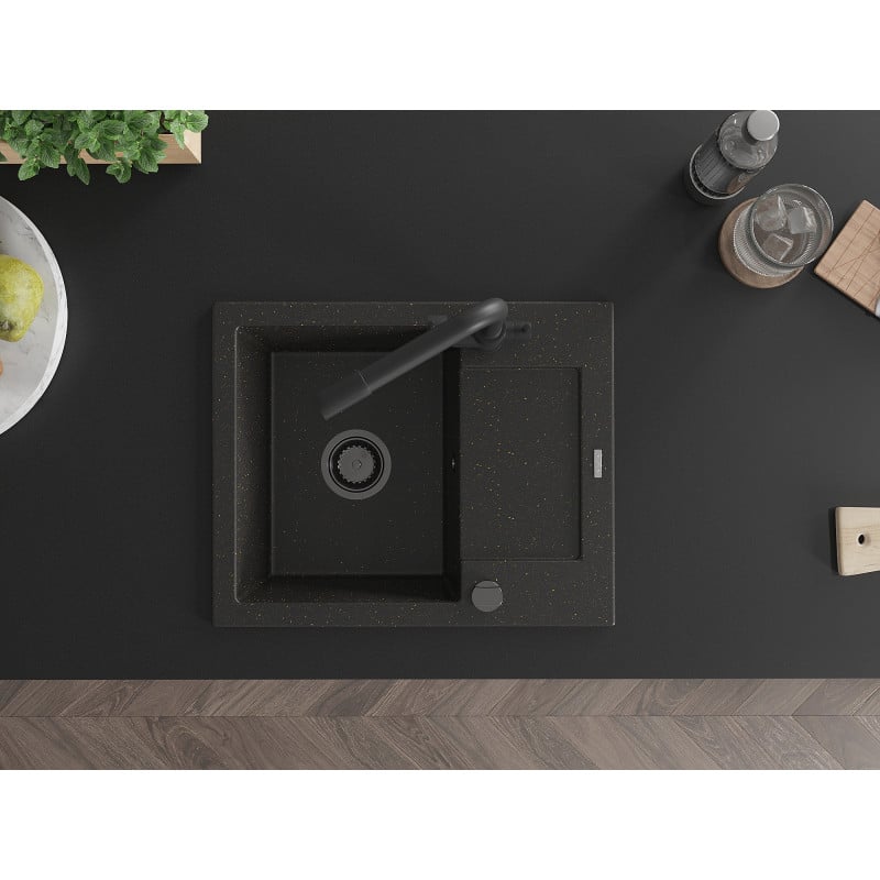 Mexen Enzo vienos komoros granitinė plautuvė su nusausinimo vieta ir virtuviniu maišytuvu Duero, juoda dėmėta