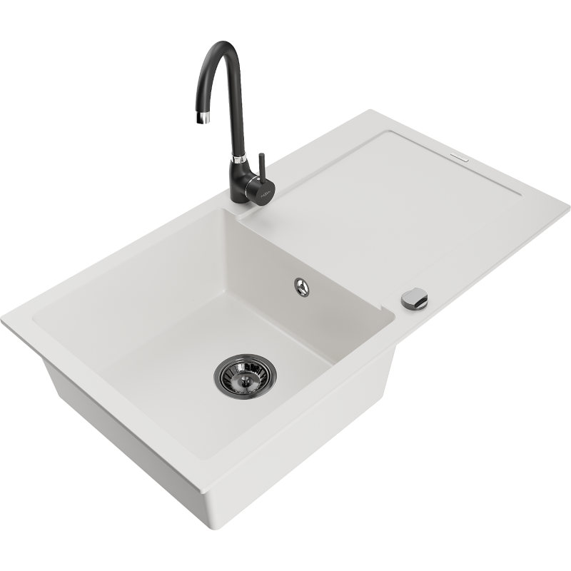 Mexen Leo granitinė plautuvė 1 skyrius su nusausintuvu ir virtuviniu maišytuvu Telma, balta - 6501-20-670200-70