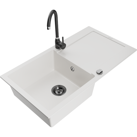 Mexen Leo granitinė plautuvė 1 skyrius su nusausintuvu ir virtuviniu maišytuvu Telma, balta - 6501-20-670200-70