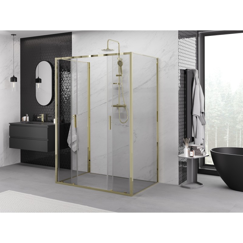 Mexen Exo-3S trijų sienelių stumdomas dušo kabinas 140 x 90 cm, permatomas, auksinis - 8152-140-090-50-00-3S