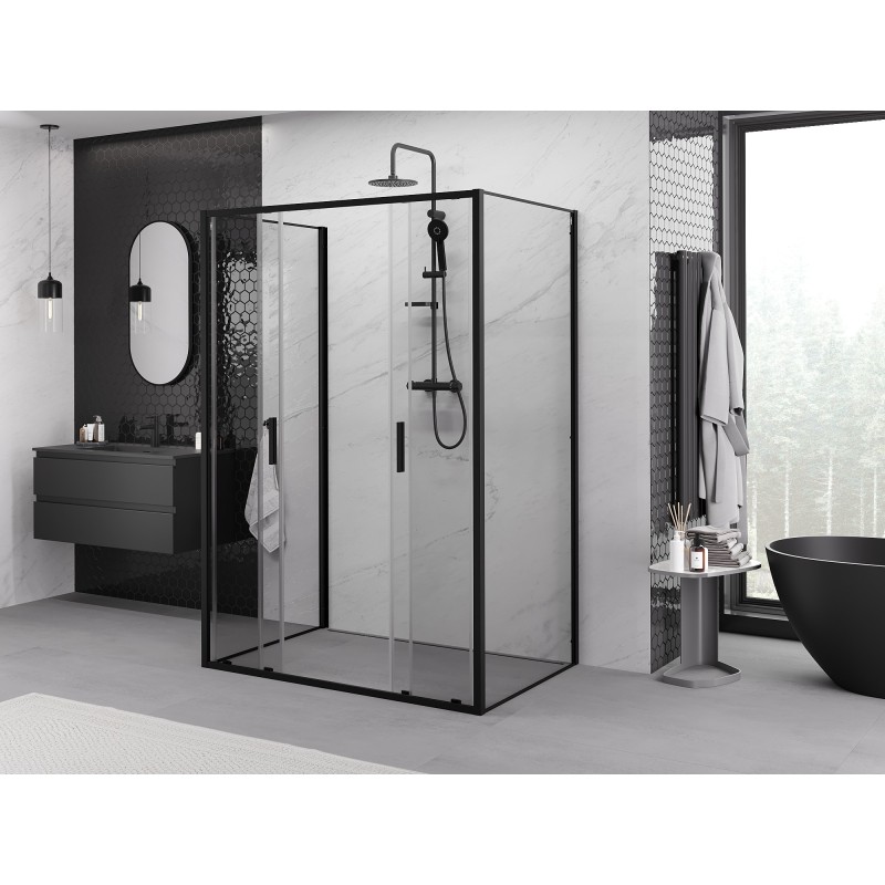 Mexen Exo-3S trijų sienų stumdomos dušo kabina 140 x 70 cm, skaidri, juoda - 8152-140-070-70-00-3S