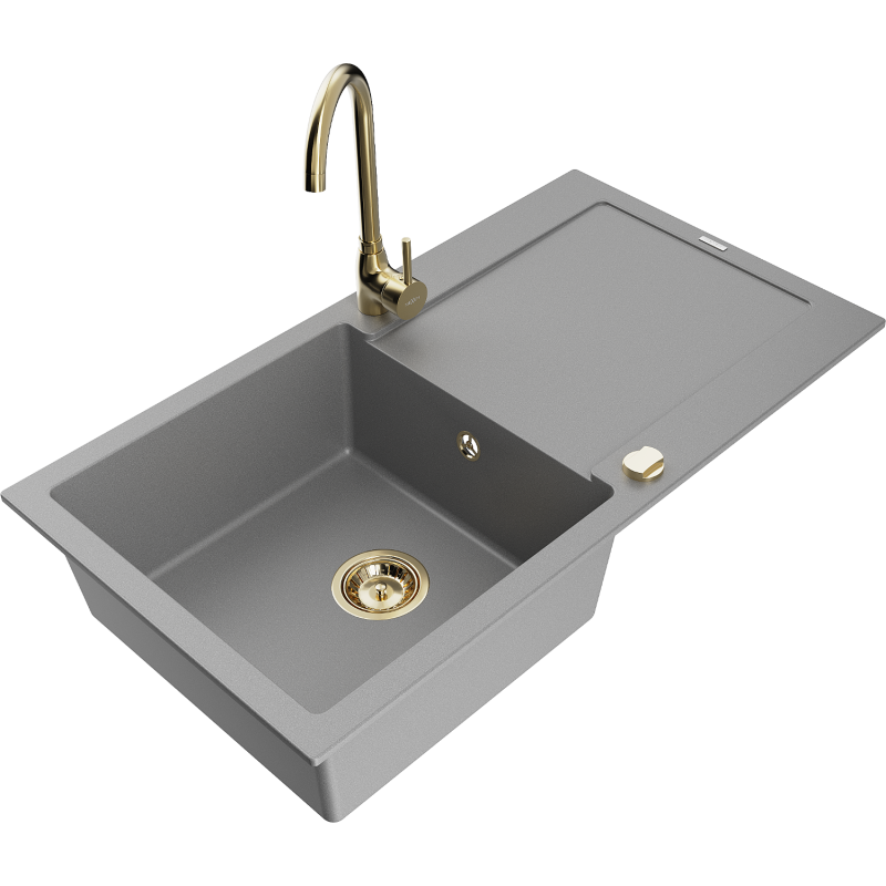 Mexen Leo vienos sekcijos granitinė plautuvė su nusausintuvu ir virtuvine maišytuvu Telma, pilka - 6501-71-670200-50