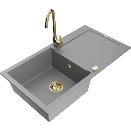 Mexen Leo vienos sekcijos granitinė plautuvė su nusausintuvu ir virtuvine maišytuvu Telma, pilka - 6501-71-670200-50