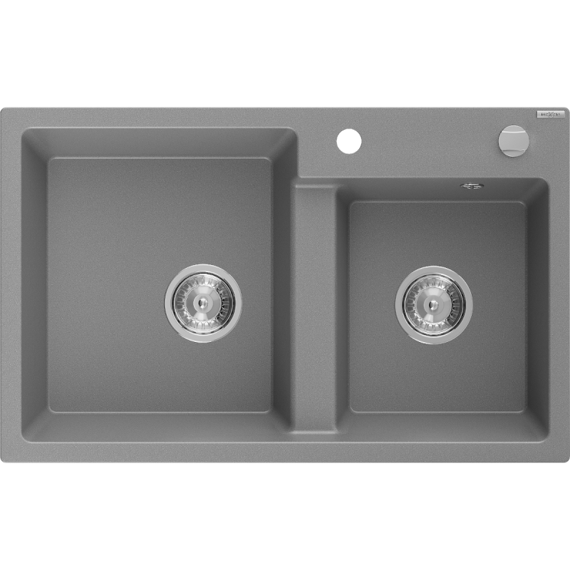 Mexen Tomas granitinė dviejų skyrių virtuvinė plautuvė 800 x 500 mm, pilka, sifonas chromas - 6516802000-71