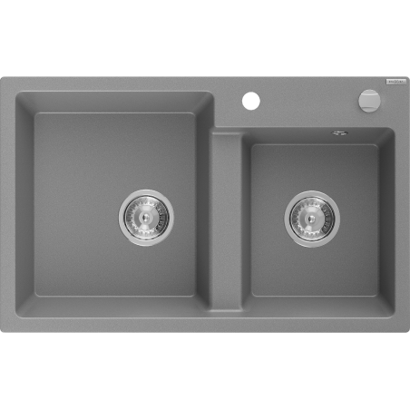 Mexen Tomas granitinė dviejų skyrių virtuvinė plautuvė 800 x 500 mm, pilka, sifonas chromas - 6516802000-71