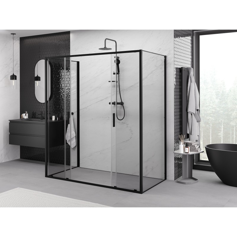 Mexen Exo-3S trijų sienelių stumdoma dušo kabina 190 x 90 cm, skaidri, juoda - 8152-190-090-70-00-3S