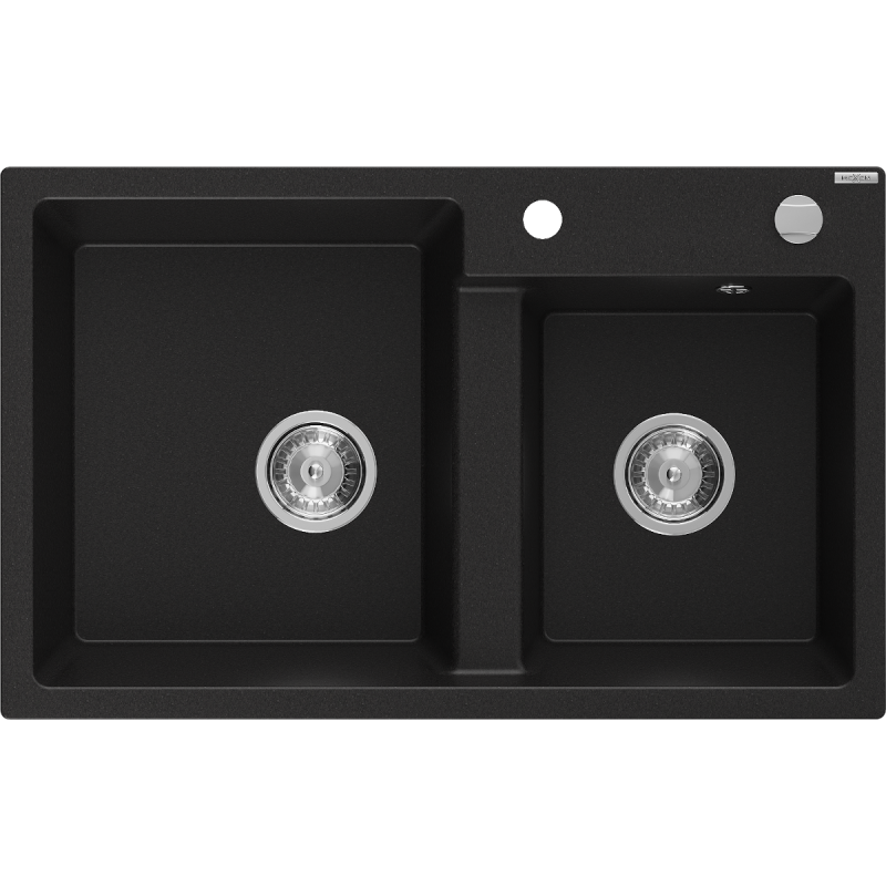 Mexen Tomas granitinė dviejų skylių kriauklė 800 x 500 mm, juoda, chromuotas sifonas - 6516802000-77