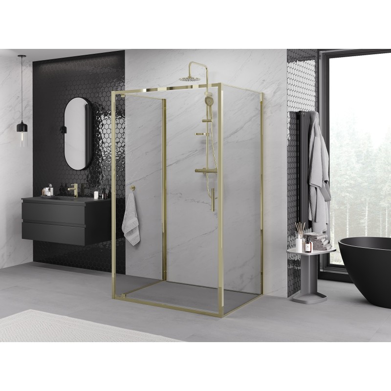 Mexen Exo-3S 90 x 70 cm trijų sienelių atveriama dušo kabina, skaidri, auksinė - 8181-090-070-50-00-3S