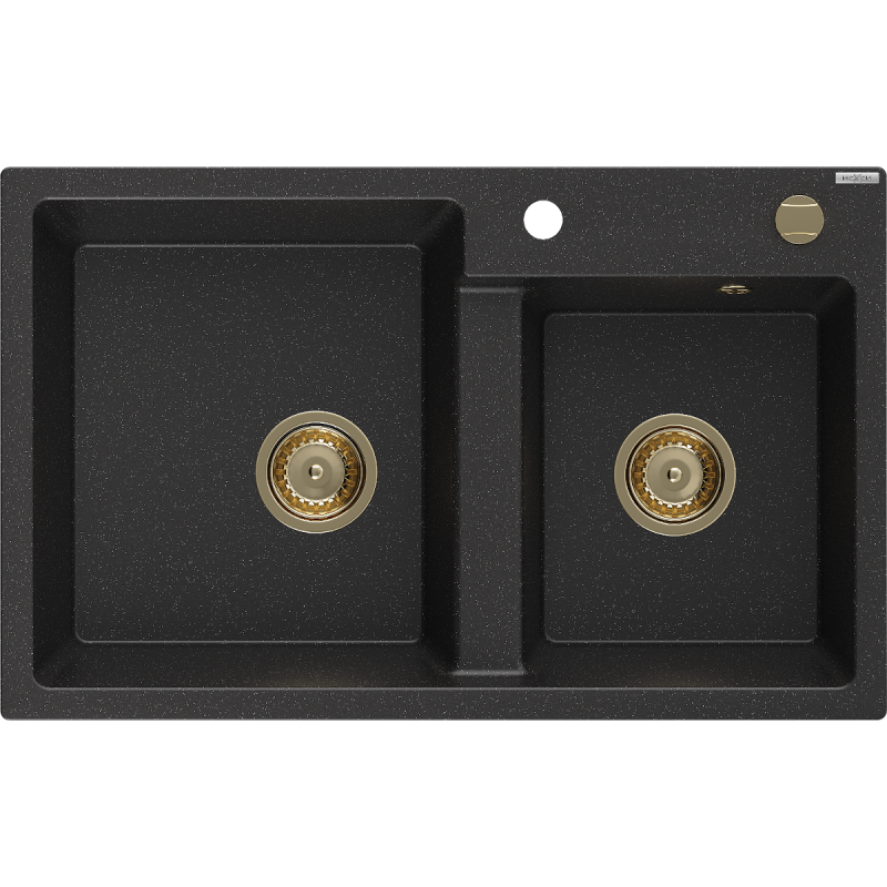 Mexen Tomas granitinė dviejų skyrių plautuvė 800 x 500 mm, juoda/sidabrinis metalikas, auksinis sifonas - 6516802000-73-G