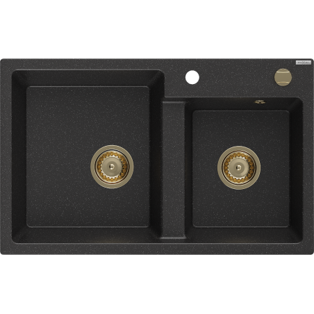 Mexen Tomas granitinė dviejų skyrių plautuvė 800 x 500 mm, juoda/sidabrinis metalikas, auksinis sifonas - 6516802000-73-G