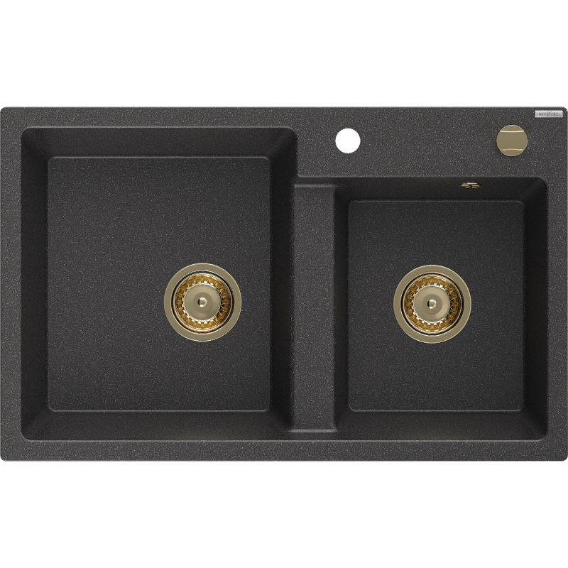 Mexen Tomas dviejų skyrių granitinė plautuvė 800 x 500 mm, juoda su dėmelėmis, auksinis sifonas - 6516802000-76-G