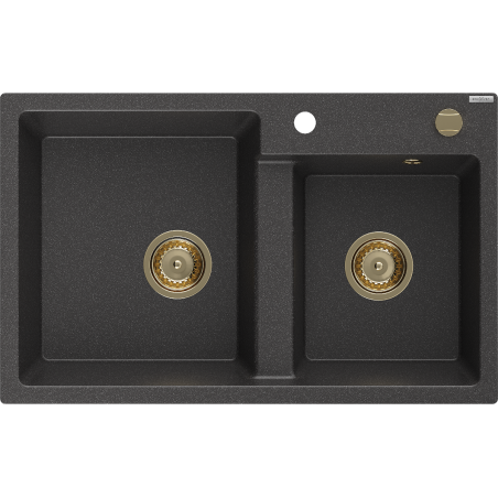 Mexen Tomas dviejų skyrių granitinė plautuvė 800 x 500 mm, juoda su dėmelėmis, auksinis sifonas - 6516802000-76-G