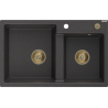 Mexen Tomas dviejų skyrių granitinė plautuvė 800 x 500 mm, juoda su dėmelėmis, auksinis sifonas - 6516802000-76-G