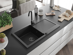 Mexen Leo granitinė vienos sekcijos plautuvė su nusausinimo stalu ir virtuviniu maišytuvu Telma, juodas/sidabrinis metalikas