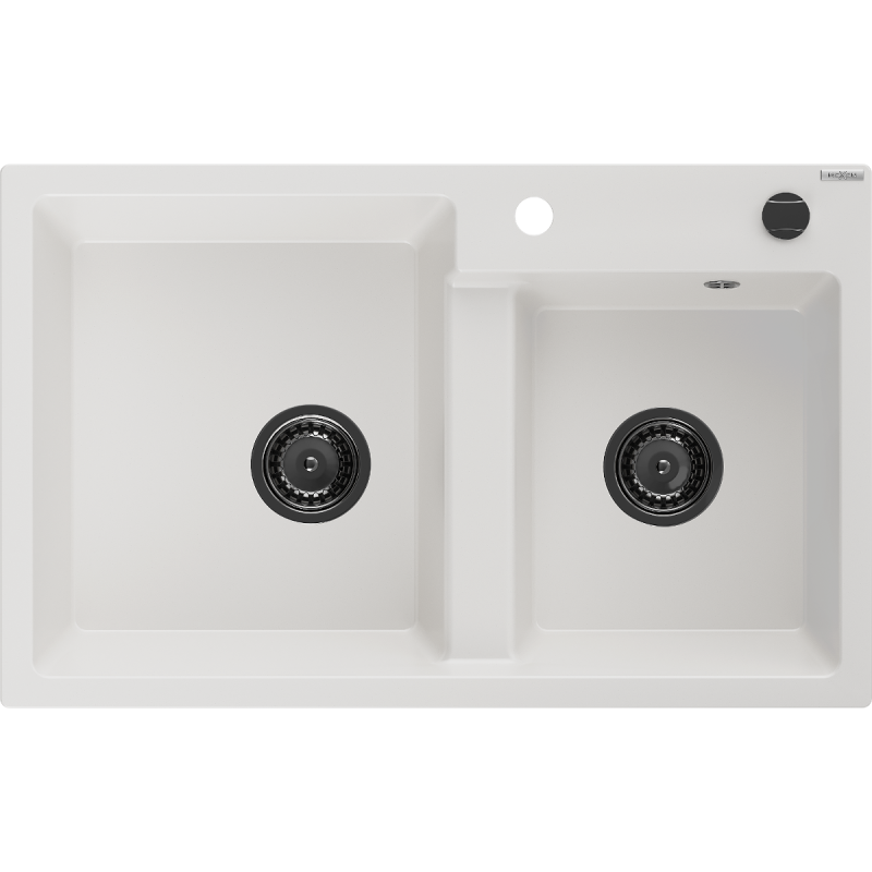Mexen Tomas granitinė dviejų skyrių plautuvė 800 x 500 mm, balta, juodas sifonas - 6516802000-20-B