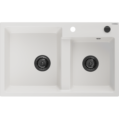 Mexen Tomas granitinė dviejų skyrių plautuvė 800 x 500 mm, balta, juodas sifonas - 6516802000-20-B