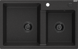 Mexen Tomas granitinė dviejų skyrių plautuvė 800 x 500 mm, juoda/sidabrinis metalikas, juodas sifonas - 6516802000-73-B