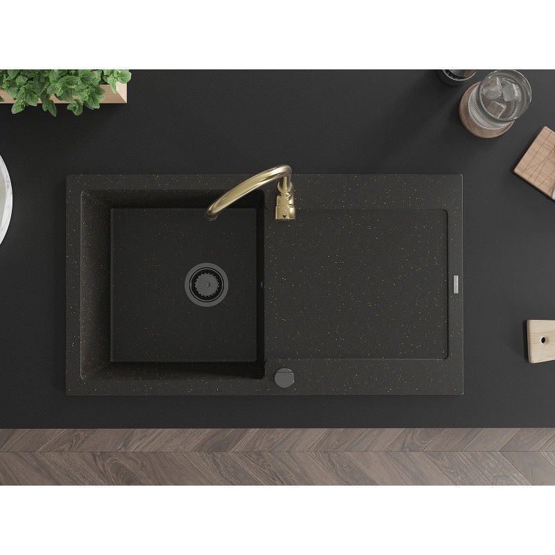 Mexen Leo granitinė vienos kameros kriauklė su indų džiovykla ir virtuviniu maišytuvu Telma, juodos ir auksinės spalvos