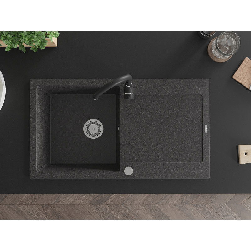 Mexen Leo granitinė vienos kameros plautuvė su nutekėjimu ir virtuviniu maišytuvu Telma, juoda su dekoratyviniais taškais