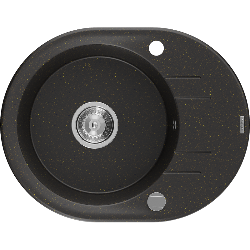 Mexen Kevin granitinė vienos kameros kriauklė su nutekamuoju indu 586 x 458 mm, juoda/auksinis metalikas, chromo sifonas