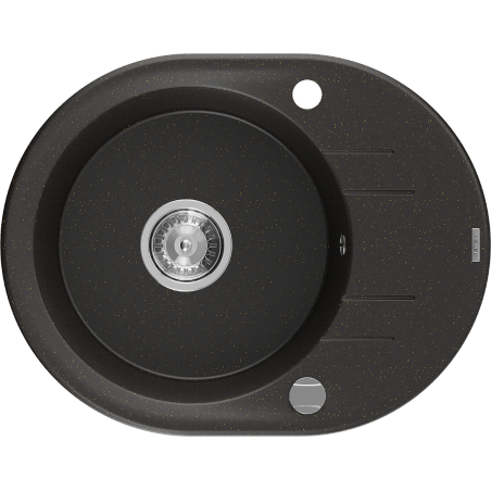 Mexen Kevin granitinė vienos kameros kriauklė su nutekamuoju indu 586 x 458 mm, juoda/auksinis metalikas, chromo sifonas