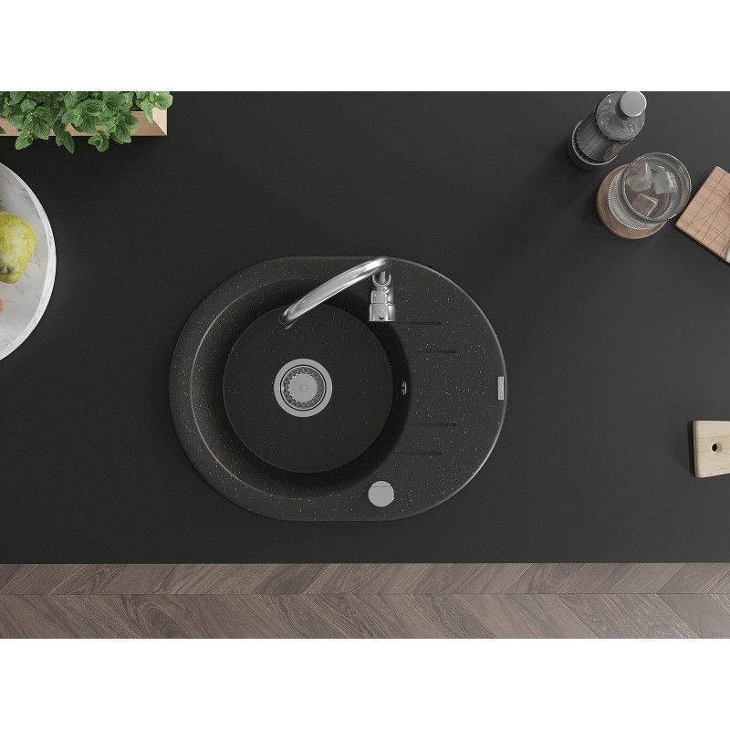 Mexen Kevin granitinė vienos kameros kriauklė su nutekamuoju indu 586 x 458 mm, juoda/auksinis metalikas, chromo sifonas