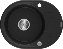 Mexen Kevin granitinė vienos kameros plautuvė su drenažu 586 x 458 mm, juoda, chromuotas sifonas - 6517581005-77