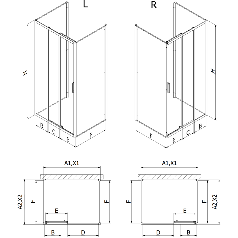 Mexen Exo-3S 3 pusių stumdomas dušo kabinas 90 x 75 cm, skaidrus, juodas - 8153-090-075-70-00-3S