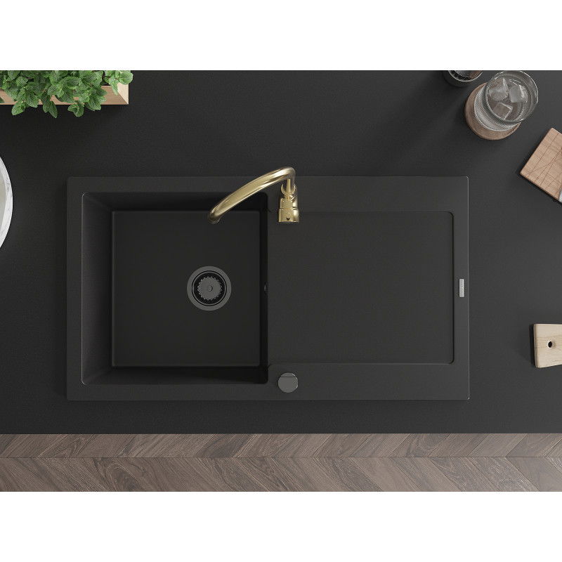 Mexen Leo granitinė plautuvė su vienu dubeniu, nusausinimu ir virtuviniu maišytuvu Telma, juoda - 6501-77-670200-50-B