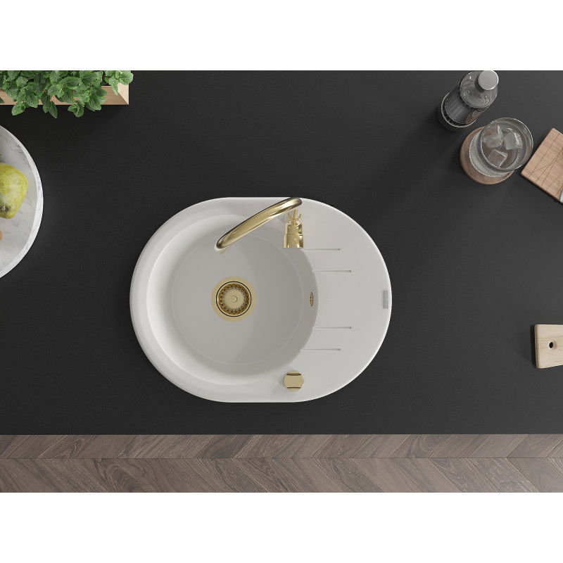 Mexen Kevin granito plautuvė 1 kamerų su drenažu 586 x 458 mm, balta, auksinė sifonas - 6517581005-20-G