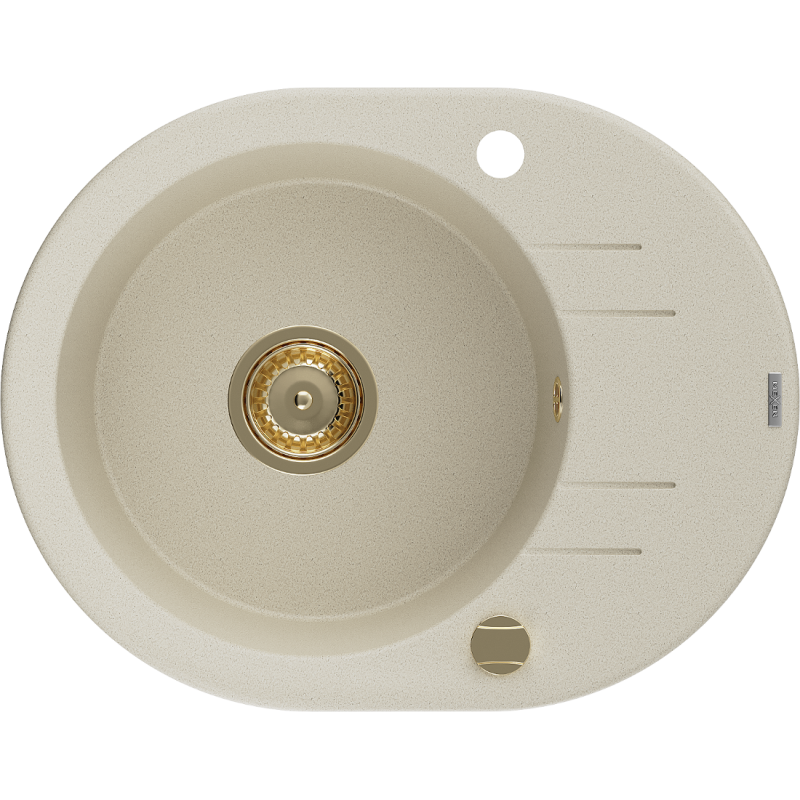 Mexen Kevin vienos plautuvės akmens masės kriauklė su nusausinimo skyriumi 586 x 458 mm, smėlio spalvos, auksinis sifonas