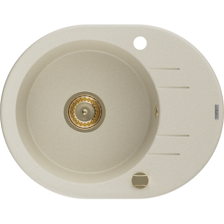 Mexen Kevin vienos plautuvės akmens masės kriauklė su nusausinimo skyriumi 586 x 458 mm, smėlio spalvos, auksinis sifonas