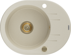 Mexen Kevin vienos plautuvės akmens masės kriauklė su nusausinimo skyriumi 586 x 458 mm, smėlio spalvos, auksinis sifonas