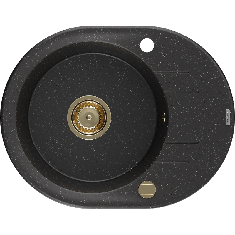 Mexen Kevin granito plautuvė su viena kamera ir nuvarvėjimo plokšte 586 x 458 mm, juoda/sidabrinė metalika, auksinis sifonas